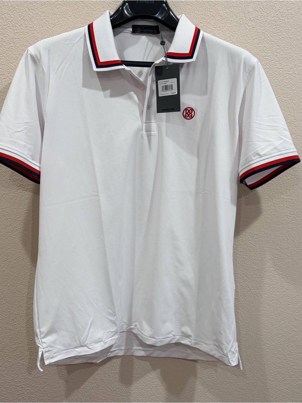 G/FORE White Polo with Red & Navy Stripe Trim
